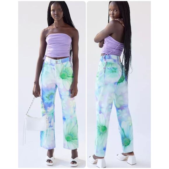 BDG Pants - URBAN OUTFITTERS BDG Cowboy Pastel Watercolor Floral High Waist Jeans Sz 26 MINT